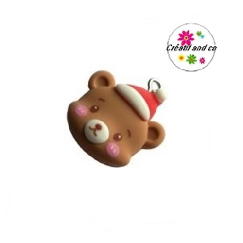 Breloque tête ourson noël résine