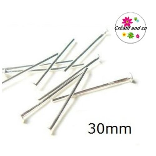 X50 tiges tête plate argentées 30mm