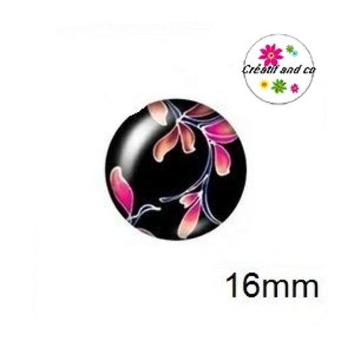 X2 cabochons fleuris colorés fond noir 16mm