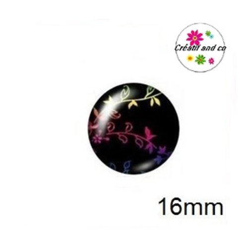 X2 cabochons fleuris colorés fond noir 16mm
