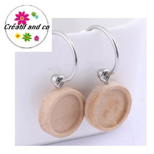 Boucle d'oreille acier inoxydable créole et support bois marron clair cabochon 12mm