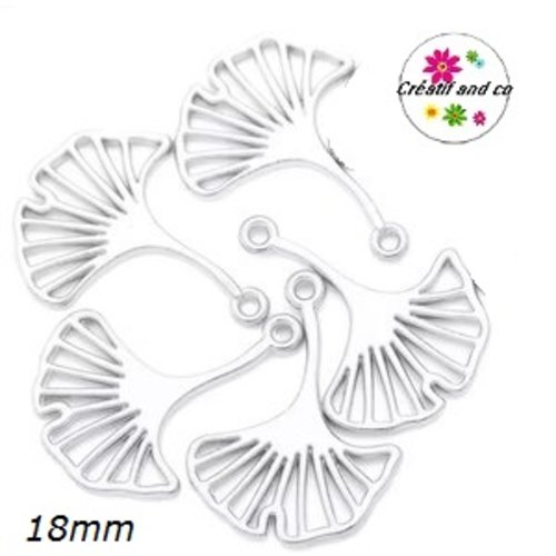 Breloque feuille de ginkgo métal argentée 18mm