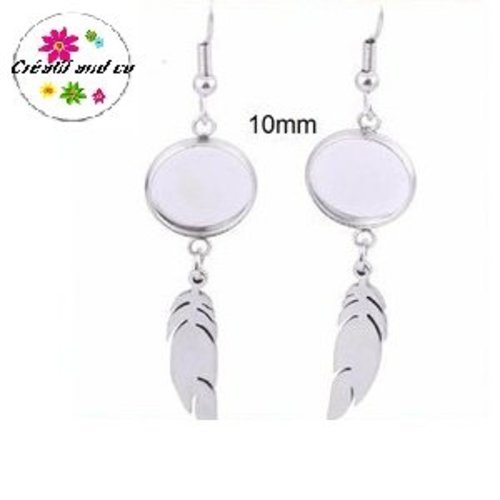 Boucle d'oreille connecteur cabochon 10mm et sa breloque plume 25mm