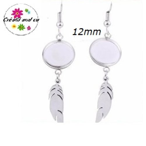 Boucle d'oreille connecteur cabochon 12mm et sa breloque plume  20mm