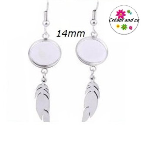 Boucle d'oreille connecteur cabochon 14mm et sa breloque plume  20mm