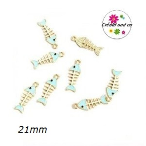 Breloque arête de poisson dorée/bleue émail