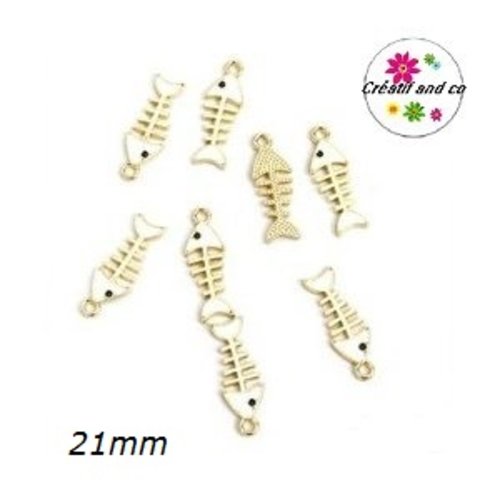 Breloque arête de poisson dorée/blanche émail