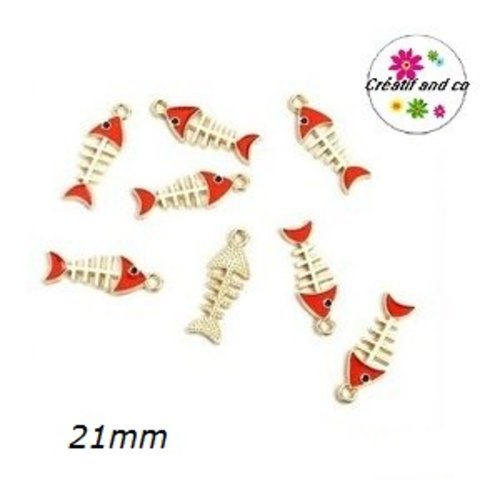 Breloque arête de poisson dorée/rouge émail