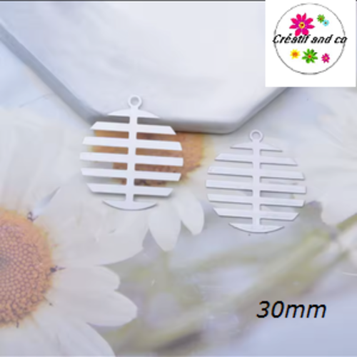 Breloque estampe cercle arête de poisson blanc  30mm