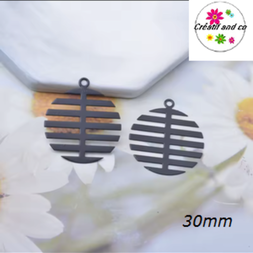 Breloque estampe cercle arête de poisson noir  30mm