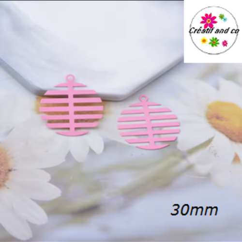 Breloque estampe cercle arête de poisson rose 30mm