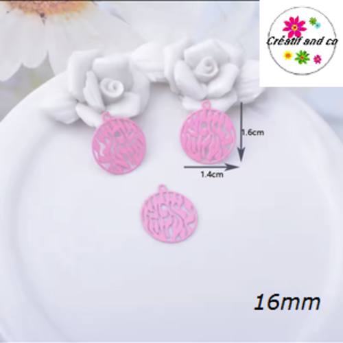 Breloque estampe cercle évidé rose 16mm