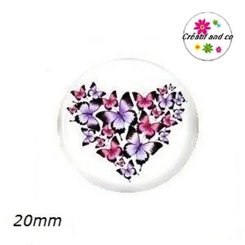 Cabochon papillons colorés dans coeur 20mm
