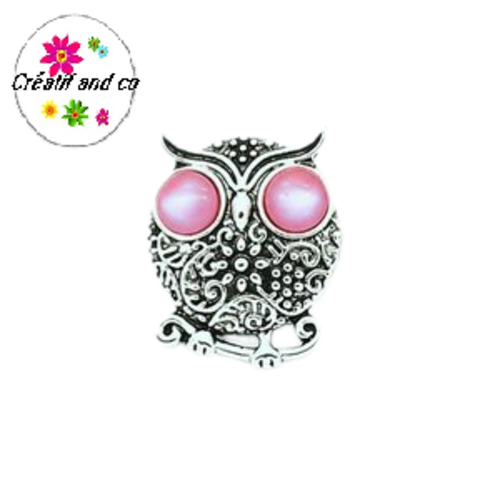 Bouton pression métal hibou yeux nacrés fuchsias