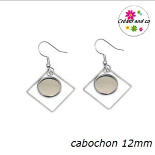 Boucle d'oreille carrée acier inoxydable pour cabochon 12mm