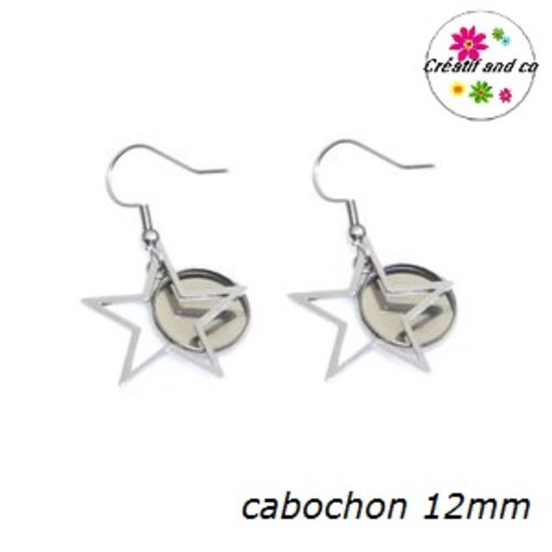 Boucle d'oreille acier inoxydable étoile pour cabochon 12mm