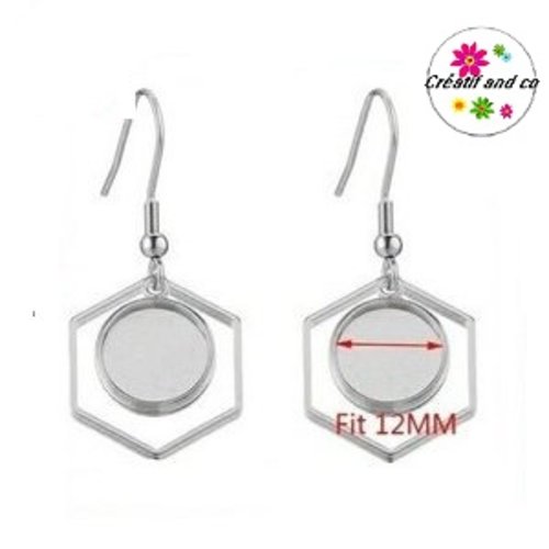 Boucle d'oreille hexagone acier inoxydable pour cabochon 12mm