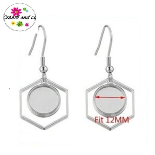 Boucle d'oreille acier inoxydable héxagone pour cabochon 12mm