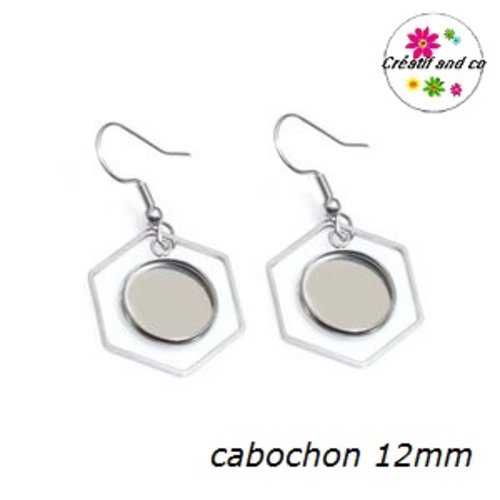 Boucle d'oreille hexagone acier inoxydable pour cabochon 12mm