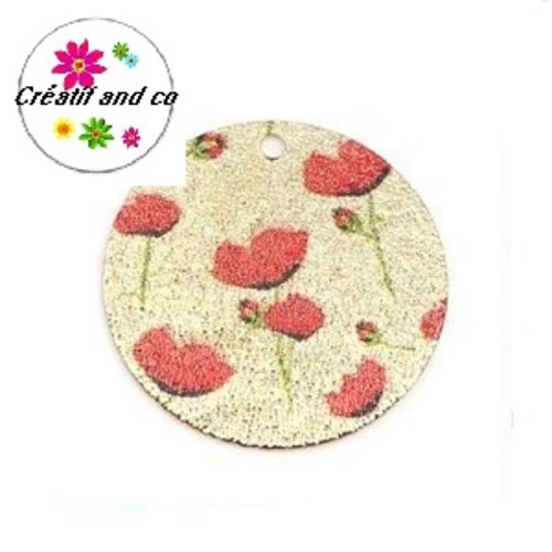 Pendentif rond émaillé motif fleur rouge