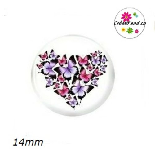 X2 cabochons coeur de papillons 14mm