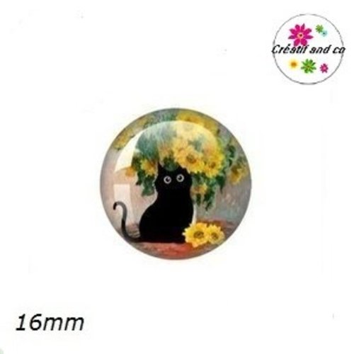 X2 cabochons chat noir 16mm