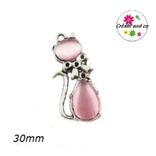 Breloque chat métal et cabochon rose 30mm