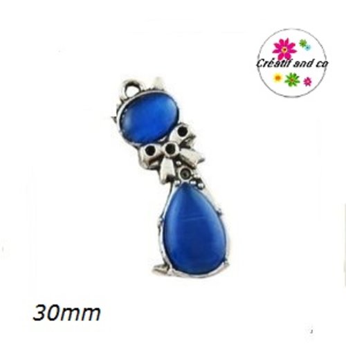 Breloque chat métal et cabochon bleu roi 30mm