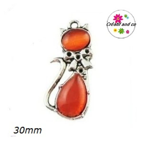 Breloque chat métal et cabochon orange 30mm