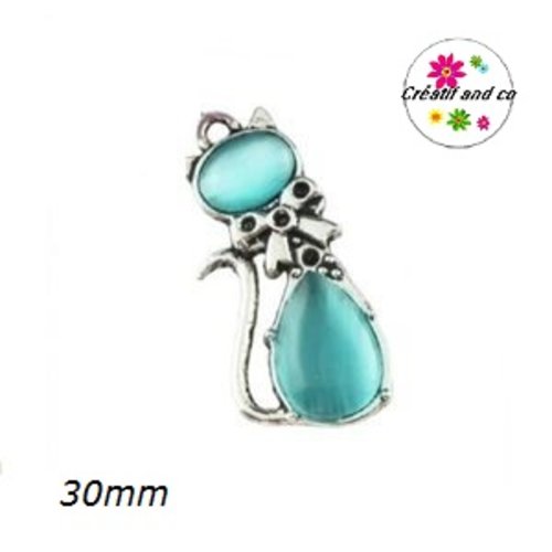 Breloque chat métal et cabochon bleu 30mm