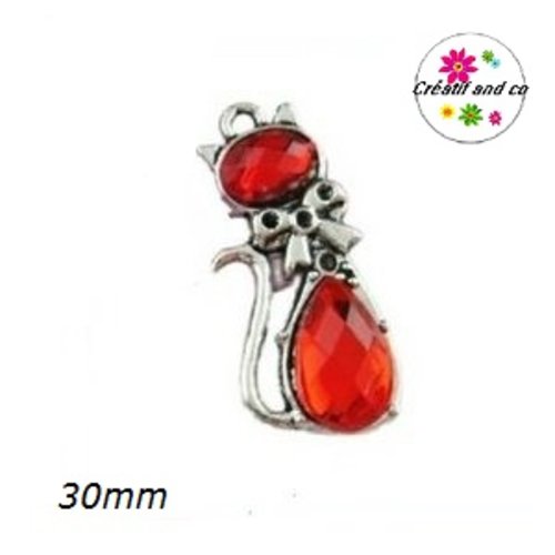 Breloque chat métal et cabochon rouge 30mm
