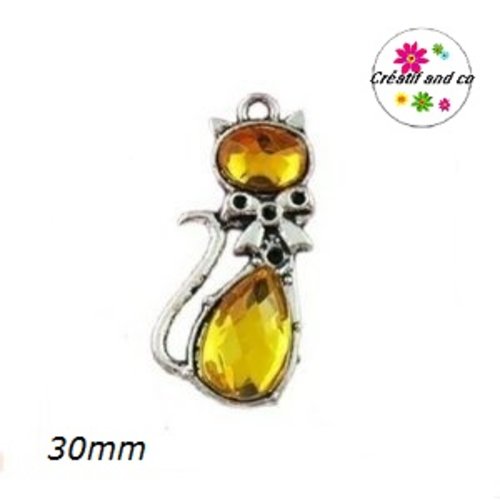 Breloque chat métal et cabochon ambre 30mm