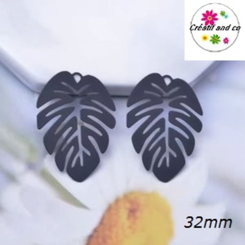 Breloque estampe feuille exotique monstera noire 32mm