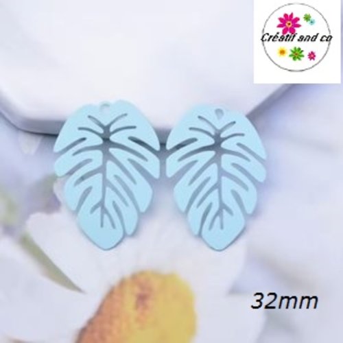 Breloque estampe feuille exotique monstera bleue claire 32mm