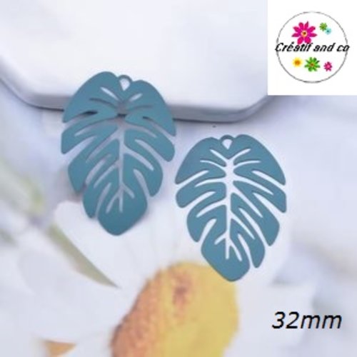 Breloque estampe feuille exotique monstera verte foncée  32mm