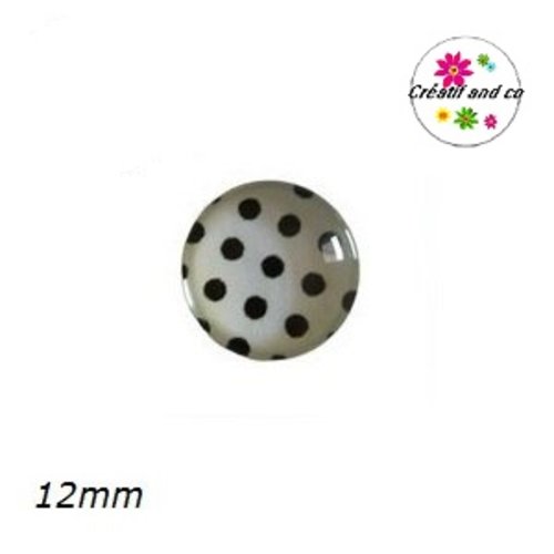 X2 cabochons blanc pois noir 12mm