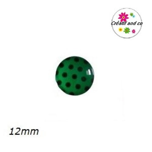 X2 cabochons vert pois noir 12mm
