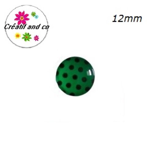 X2 cabochons vert pois noir 12mm