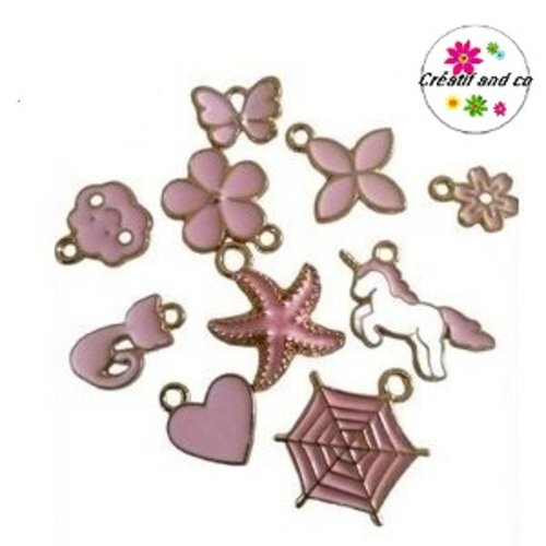 Lot de 10 breloques roses émail