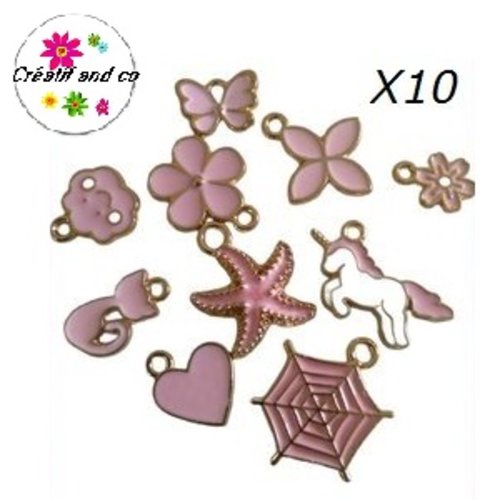 Lot de 10 breloques émail rose