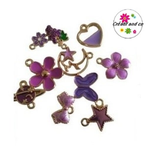 Lot de 10 breloques mauves/violets émail