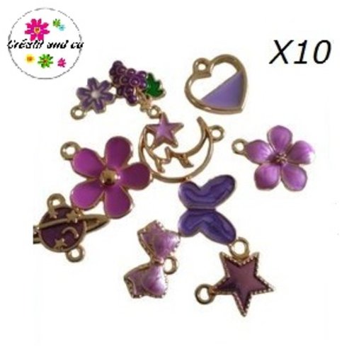 Lot de 10 breloques émail mauve/violet