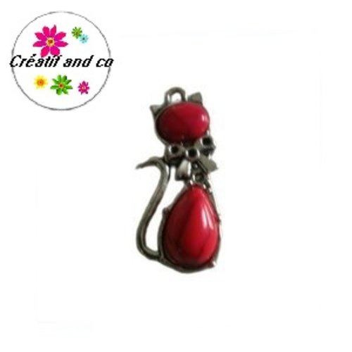 Chat métal et cabochon rouge résine 30mm