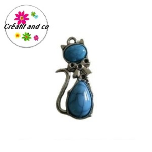 Chat métal et cabochon bleu résine 30mm