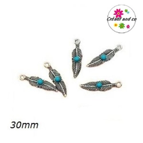 Breloque plume argent tibétain et son cabochon turquoise 30mm