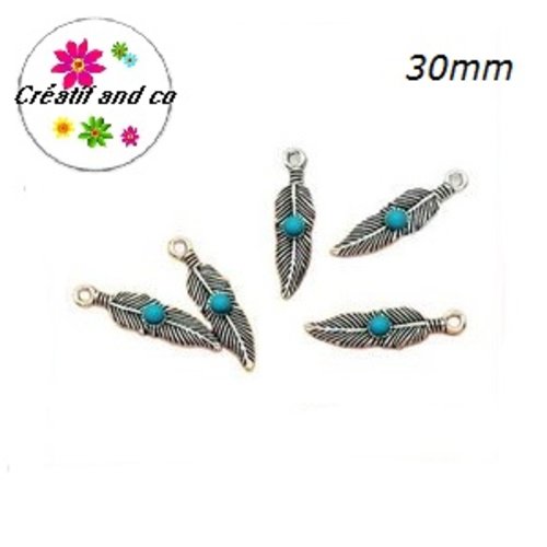 Breloque plume argent tibétain et son cabochon turquoise 30mm