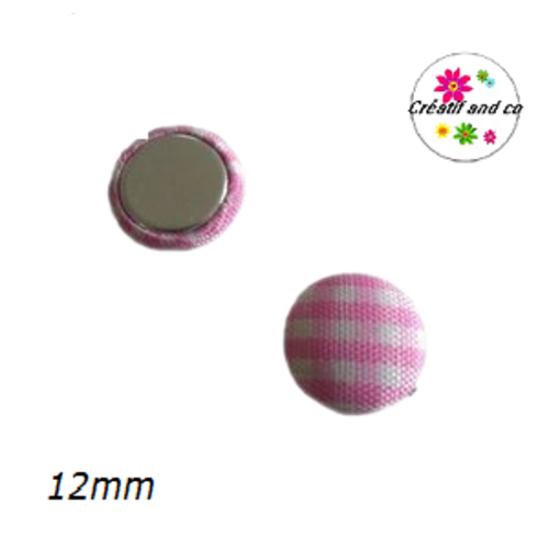 X2 cabochons dômes tissu à carreaux blanc/rose 12mm