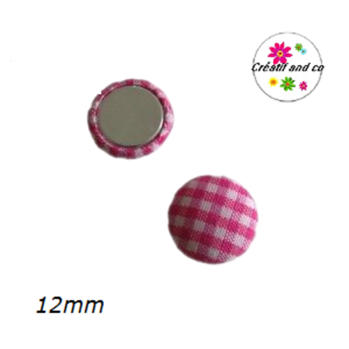 X2 cabochons dômes tissu à carreaux blanc/fuschia 12mm