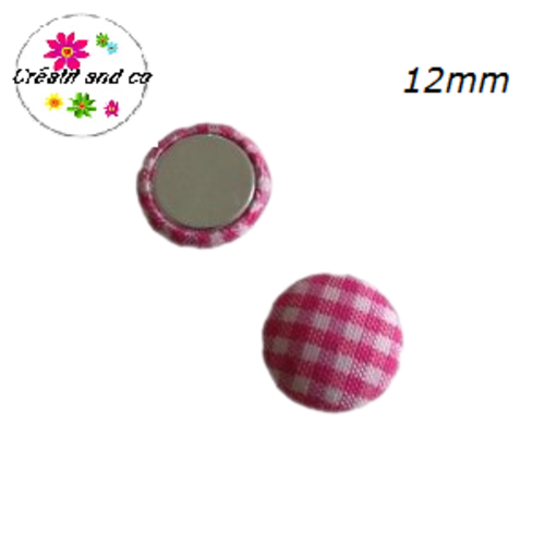 X2 cabochons dômes tissu à carreaux blanc/fuschia 12mm