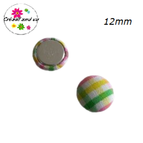 X2 cabochons dômes tissu à carreaux blanc/jaune/rose/vert  12mm